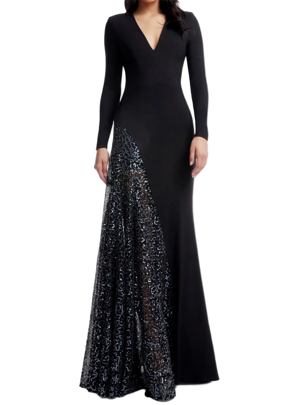 Dress The Population Black Long-Sleeve V-Neck Gown With Sequin Xs Or Small